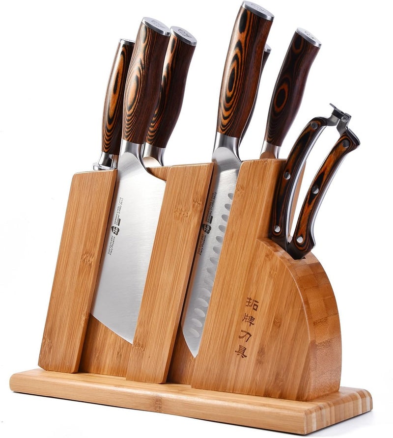 TUO Sharp Knife Set for Kitchen, 8 Piece Wooden Knife Block Set, Forged German Steel with Woodgrain Pakkawood Ergo Handle, Rust Resistant - Fiery Phoenix Series - Image 1